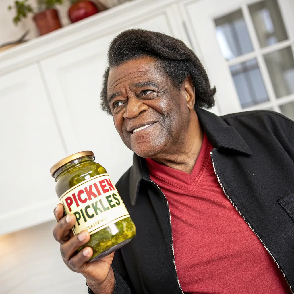 James Brown holding a jar of pickles